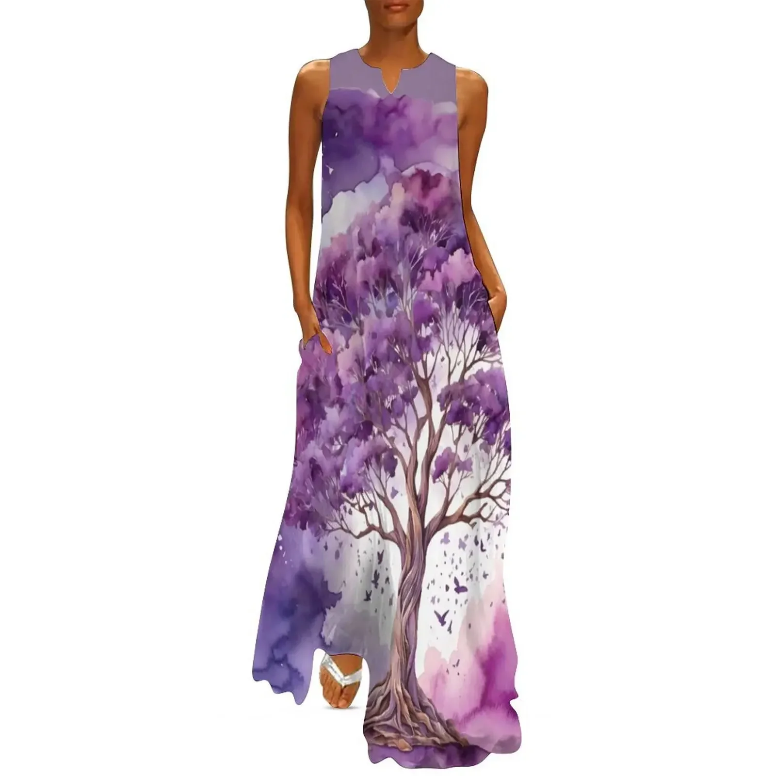 

A tree of life drawn with watercolor technique Long Dress elegant women's dresses for wedding Dress