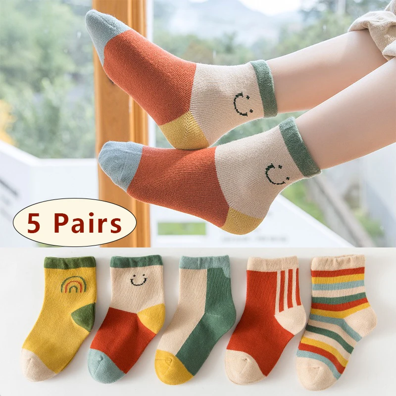 

5 pairs of cute baby girl socks autumn rainbow stripes cotton kids socks baby toddler boys socks children's socks