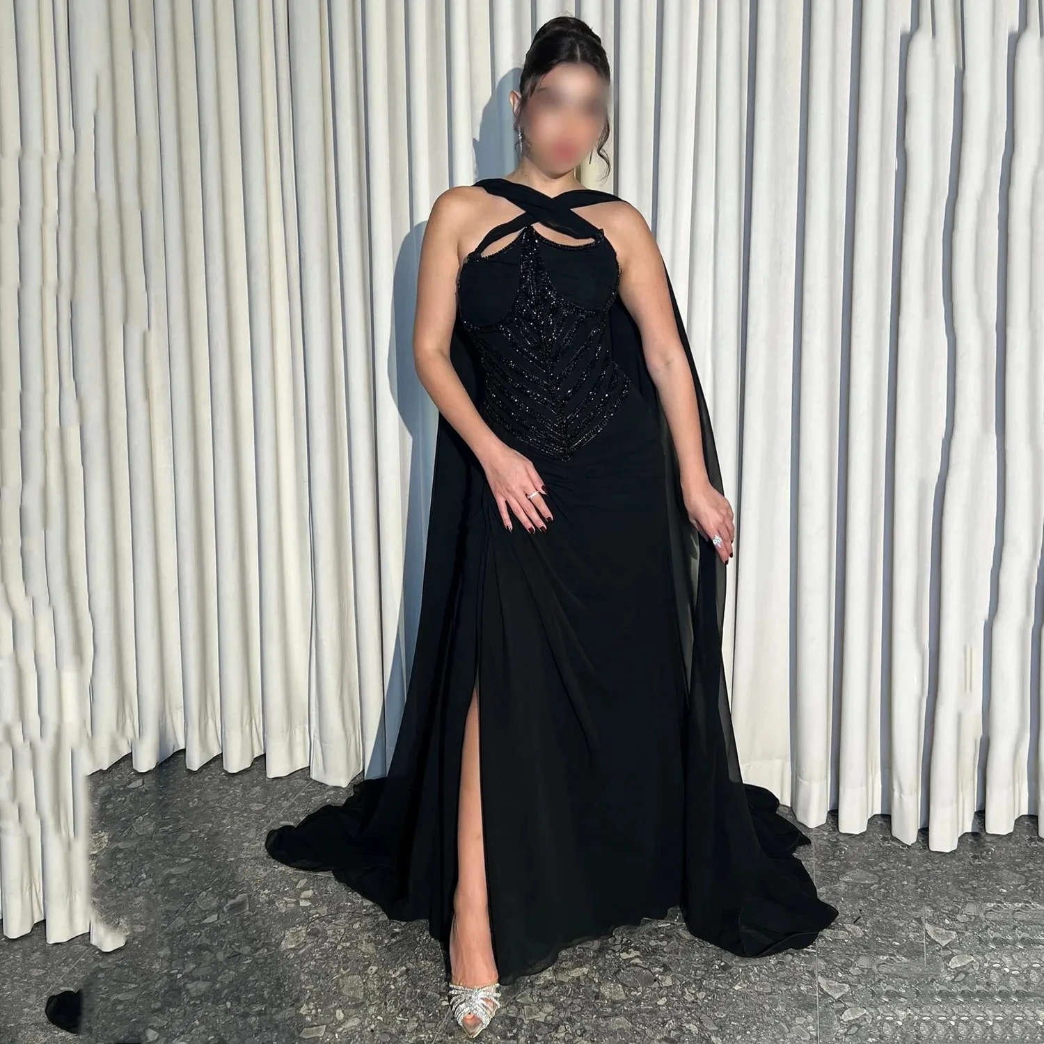 

Black Slit Beaded Long Bespoke Occasion Gown Evening Dresses Prom Pastrol Unisex Jersey Retro Dubai Saudi Arabic Customized