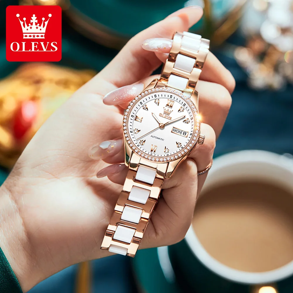 

OLEVS Automatic Mechanical Watch for Women Top Brand Luxury Diamond Dial Elegant Ceramics Watchband Ladies Dress Wristwatch 6637