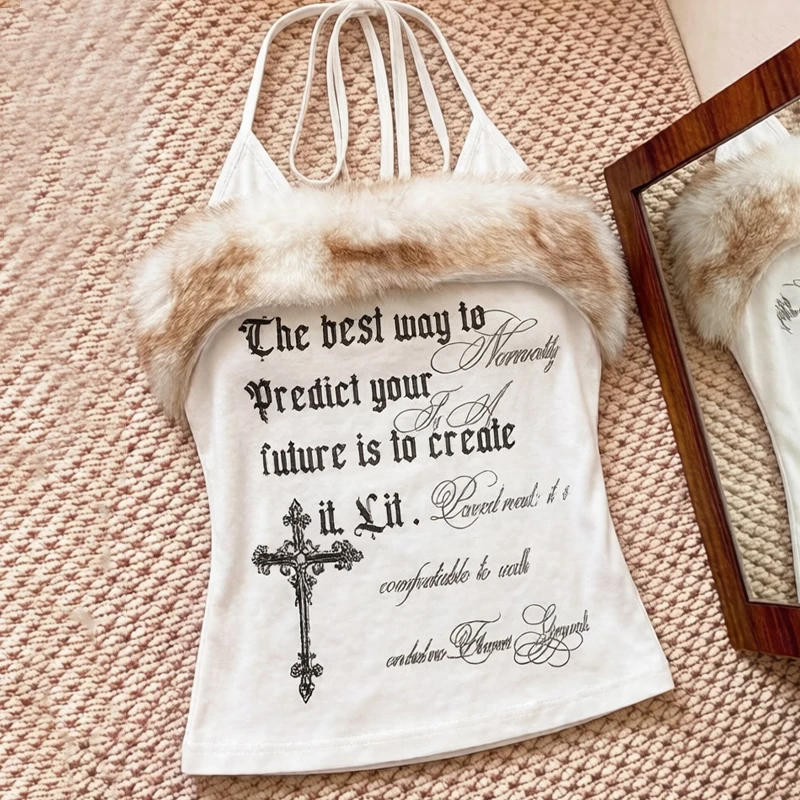 Fashion High Street Ladies Fluffy Fur Edge Halter Tops Vintage Gothic Hanging Neck Design Slim Fitted Retro Street Cami Tops