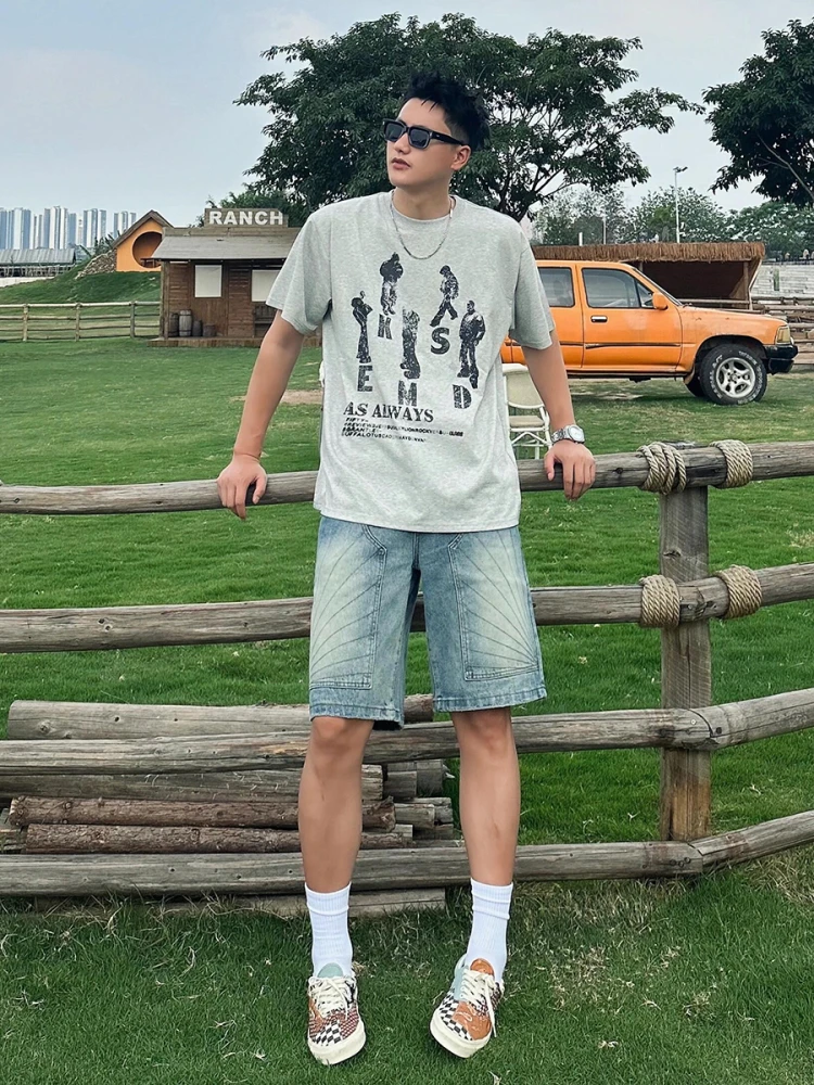 

Summer Men's Denim orts Five-Quarter Length Double Knee Log Cutting Loose Straight Cut Casual Faion Youth Active Wear