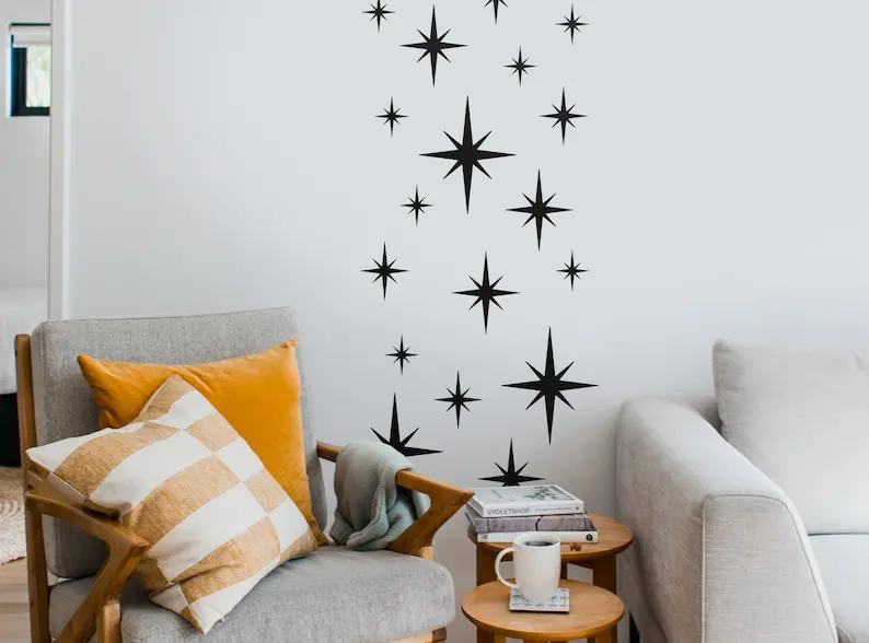 Starburst Wall Decals - Retro Wall Decal - Set of 35 Stars - Home Decor - Retro Starburst Wall Decal - Star Pattern Wall Decal