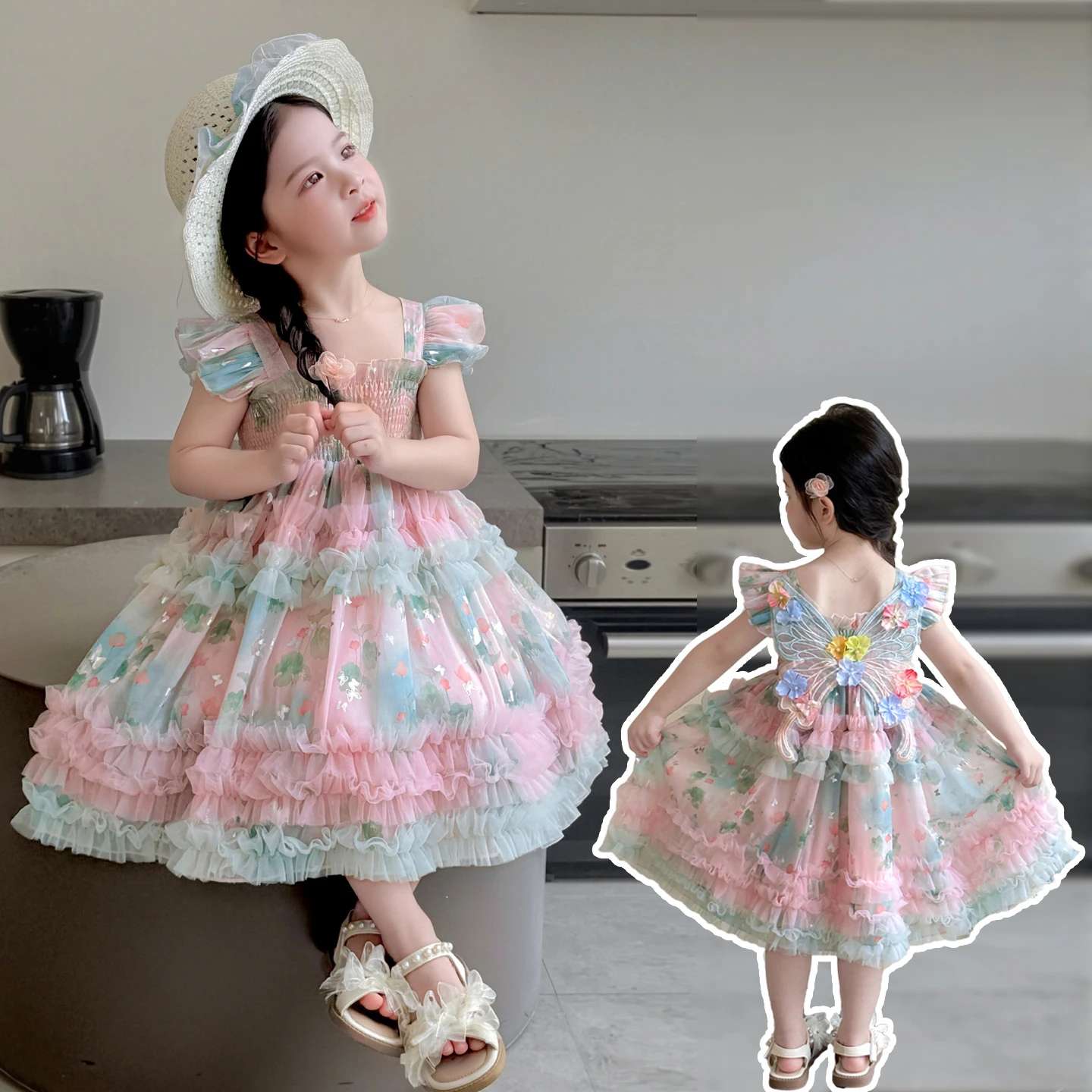 

Baby Girls Dress Kids Butterfly Ball Gown Little Child Summer Dresses Girls Sleeveless Layered Skirt Toddler Outfit Size 3-13Y