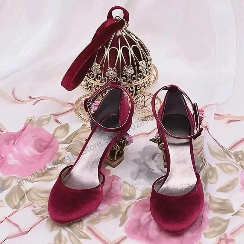

Burgandy Corduroy Metal Birdcage Heel Pumps Ankle Buckle Strap Women Shoes Strange Style Heels Fashion 2025 Zapatos Para Mujere