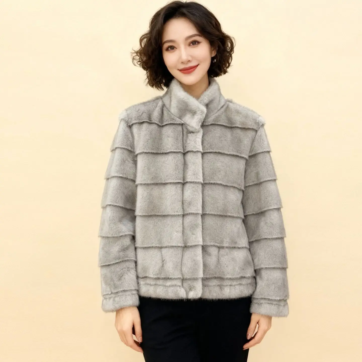 

Faux Fur Maxi Coat Coats Womens Design Gradient Party Senior Eye-Catching Hidden-Pockets Tender Bomber Edge Handmade Stretchy OL