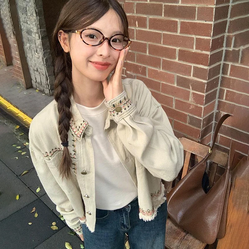 2027 New Women Cream White Denim Jacket Colorful Ethnic Embroidery Lapel Loose Button Down Casual Jean Outerwear Coat