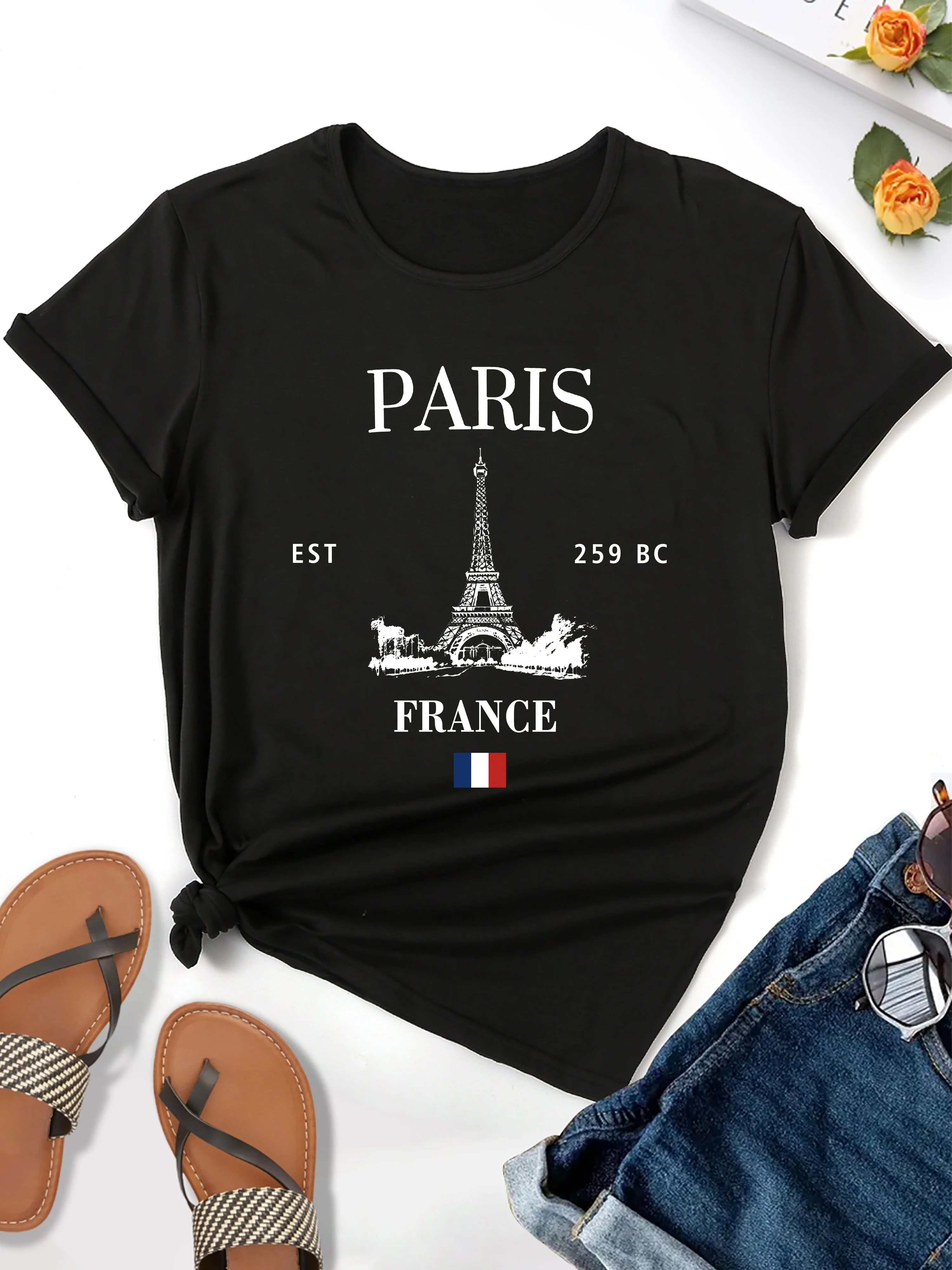 Paris Eiffel Tower Print T-shirt, Casual Crew Neck Short Sleeve Top For Spring & Summer, Women's Clothing