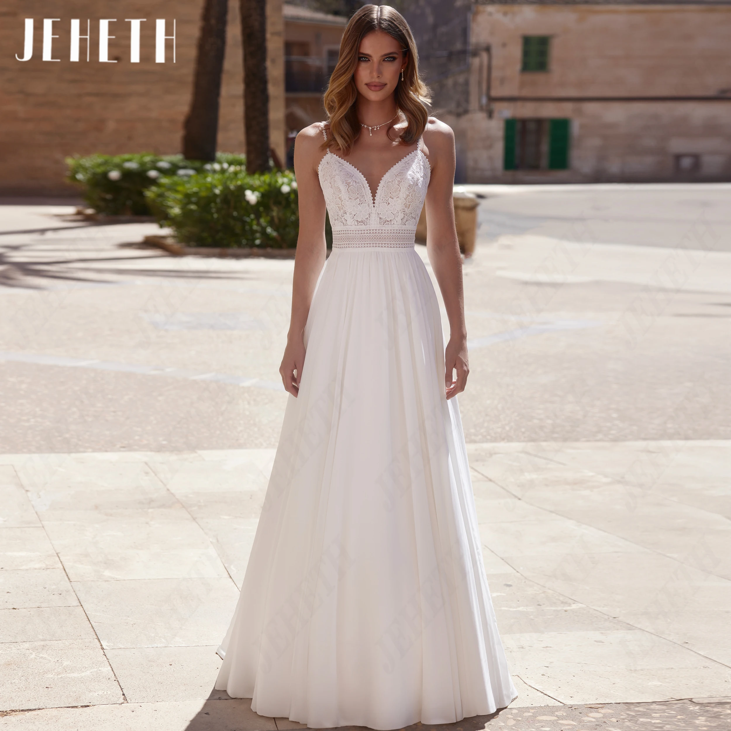 JEHETH Customized Bohemian Lace Chiffon Wedding Dress Spaghetti Straps V Neck Bridal Party Dresses For Women A Line Bride Gowns