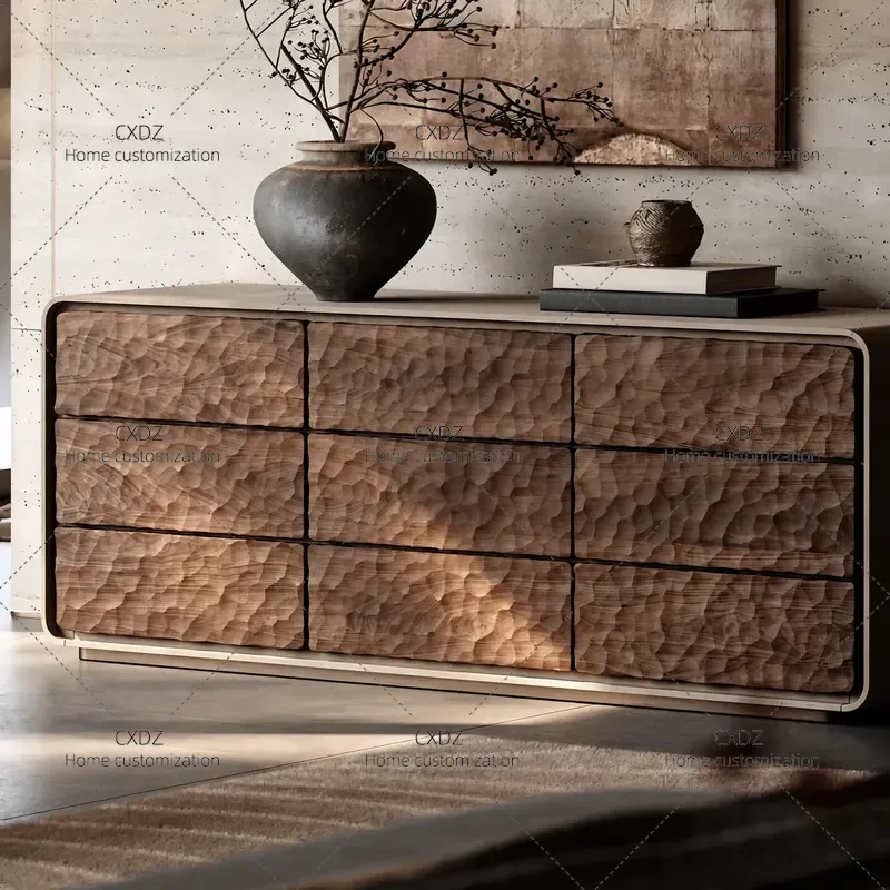 Medieval Solid Wood Dining Side Cabinet Retro Hammered Pattern Living Room Storage Cabinet Light Luxury Home Furniture