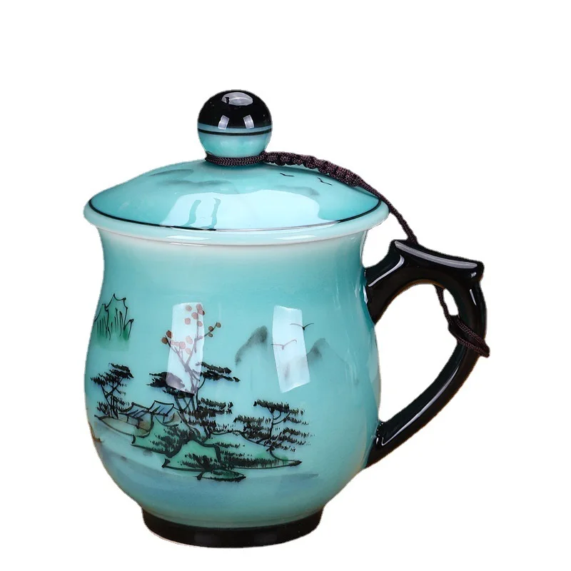 

Ручная роспись чая из селадона с крышкой, керамическая кружка, офисный домашний подарок, персональная чашка для питья