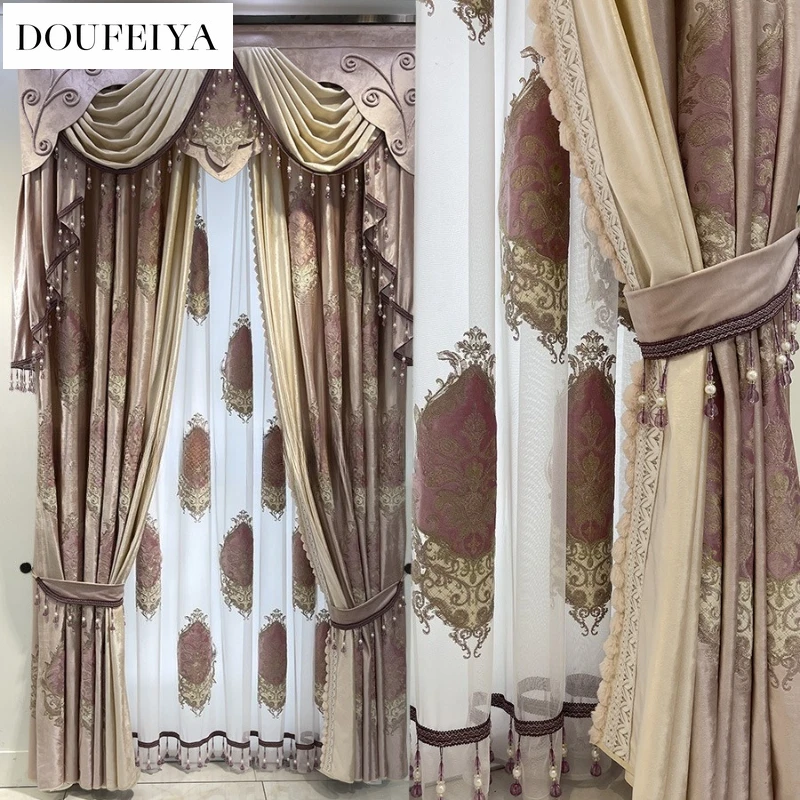 

Custom Size White Tulle European Pink Embroidered Velvet Fabric Splicing Luxury Sheer Curtains for Living Dining Room Bedroom