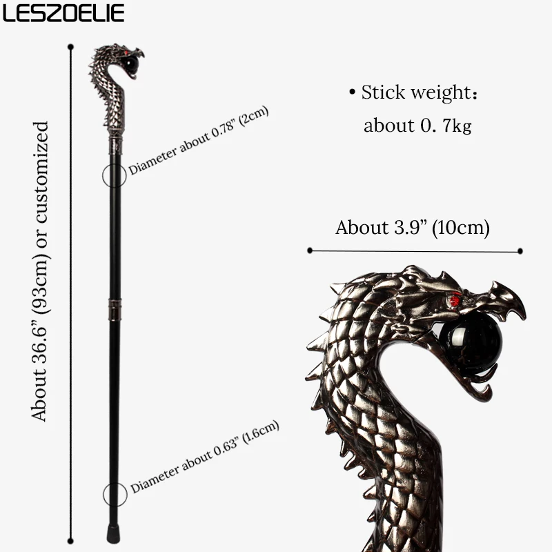 عصا المشي برأس التنين الفضي ذات الطراز الداكن مع كرة كريستال سوداء للرجال عصي المشي المزخرفة الفاخرة للنساء