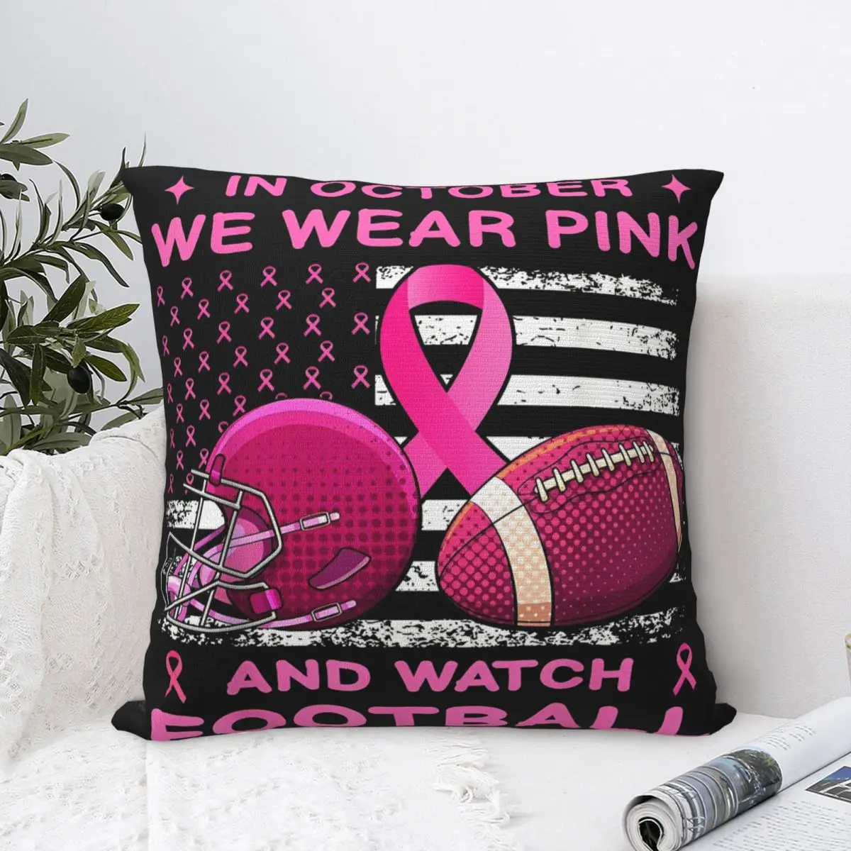 In October We Wear Pink Breast Cancer Flag Football Pillow Case Cushion Covers  Decorative Throw Pillow Case Cover for Bed