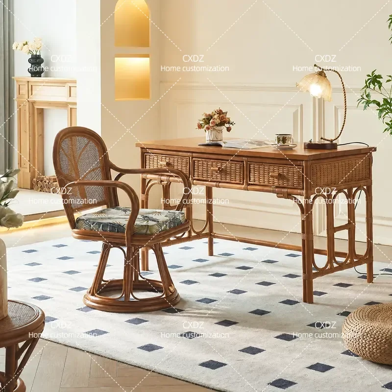 Modern Rattan Dresser with Integrated Makeup Table and Storage Cabinet Light Luxury Bedroom Vanity Desk Set with Matching