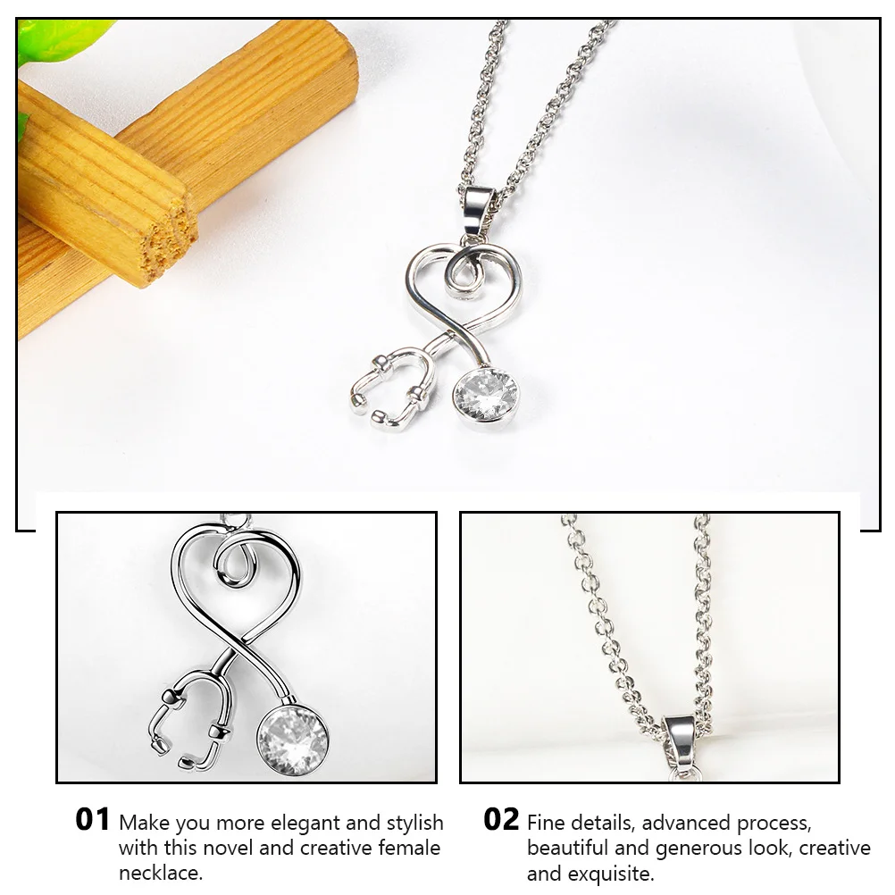 Creative Heart Stethoscope Necklace Alloy Pendant Clavicle Chain Decorative Necklace Fashion Jewelry Elegant Accessory Zircon