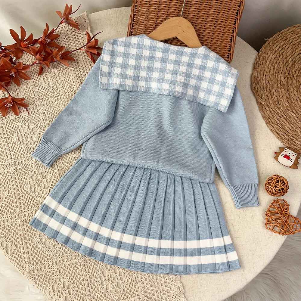 Koreanische Version Süße Niedliche Kinderkleidung Herbst und Winter Pullover-Sets Mädchenbekleidung Langärmliges Kariertes Oberteil + Kurzer Rock – Detail 5