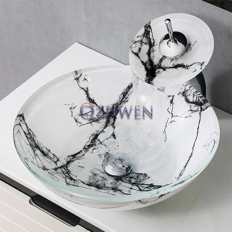 

42cm Round Glass Sink Marble Design Bathroom Washbasin Hotel Luxury Countertop Hand Wash Basin with Hardware Faucet Set