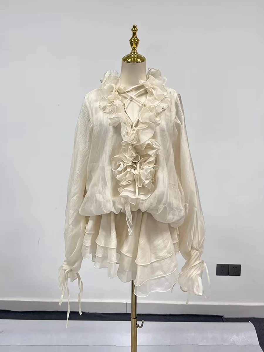 Vgh passarela moda emendado apliques vestido para mulheres com decote em v manga longa pathwork babados estilo doce vestidos em camadas feminino novo