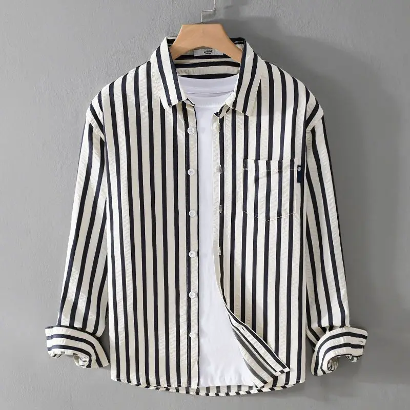 Chic Spring and Autumn New Men's Striped Long Sleeve Shirt Bubble Texture Comfortable Simple and Handsome Young Men's Shirt