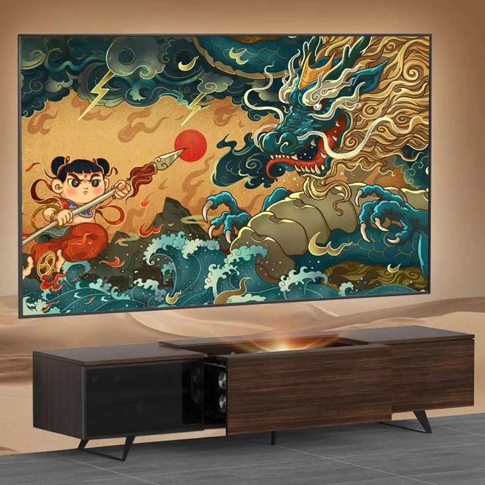Perfect smart laser TV projection screen integrated cabinet is suitable for all ultra short throw laser projectors walnut color view 2