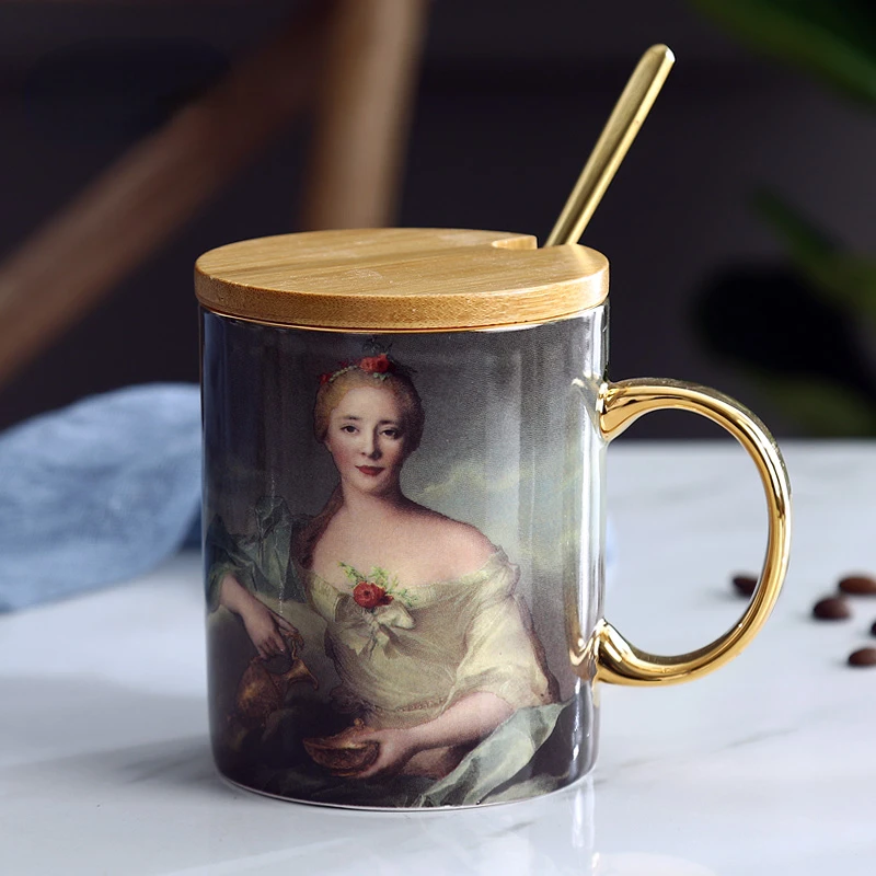 

European-style Oil Painting Figure Bone China Mark Cup Creative Art Ceramics Office Home Afternoon Black Tea Coffee with A Spoon