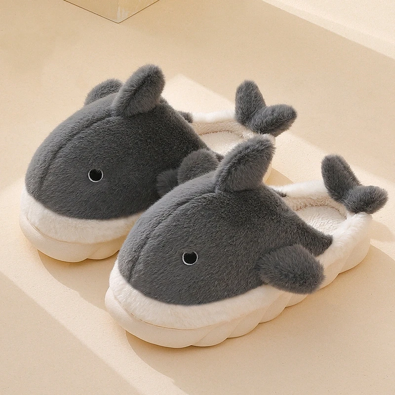 Autumn and Winter Couple Warm Cotton Slippers Female Cute Whale Indoor Fur Flat Shoes Men Thick Bottom Comfortable Home Shoes