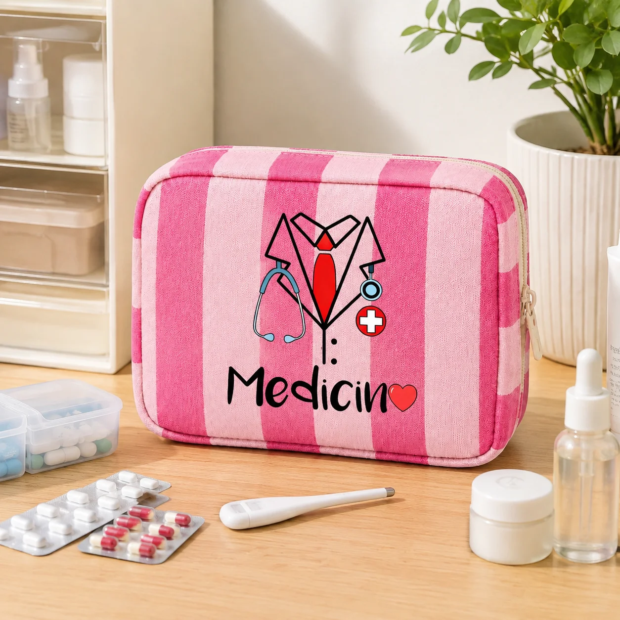 Medicine Bag Pink Stripe First Aid Bag Large Capacity Medical Storage Organizer Travel HomeMedicine Pouch Emergency Family Care