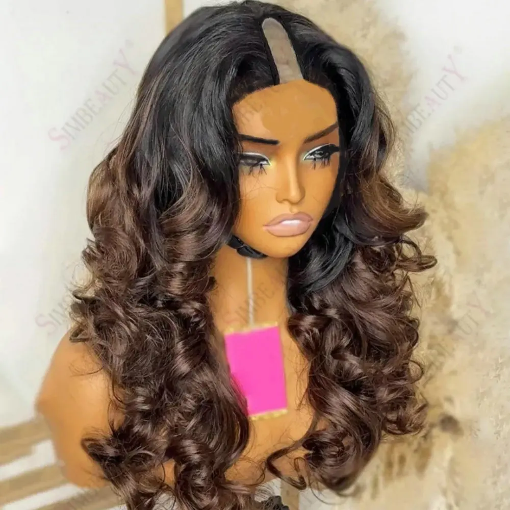 

Каштаново-коричневые омбре-парики с волнистыми прядями из натуральных человеческих волос, длинные, с U-образной частью 1x4, для чернокожих женщин, полностью машинной работы, легко надеваемые, с V-образной частью