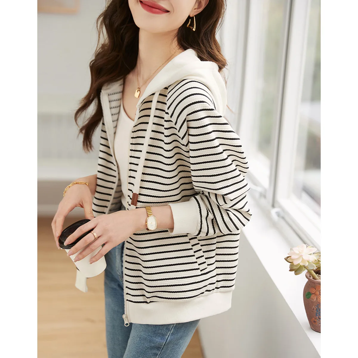 Faionable Striped Casual Hoodie Women's Knitted Cardigan Spring Autumn High End European Sle Commute Sle Polyester Cott...