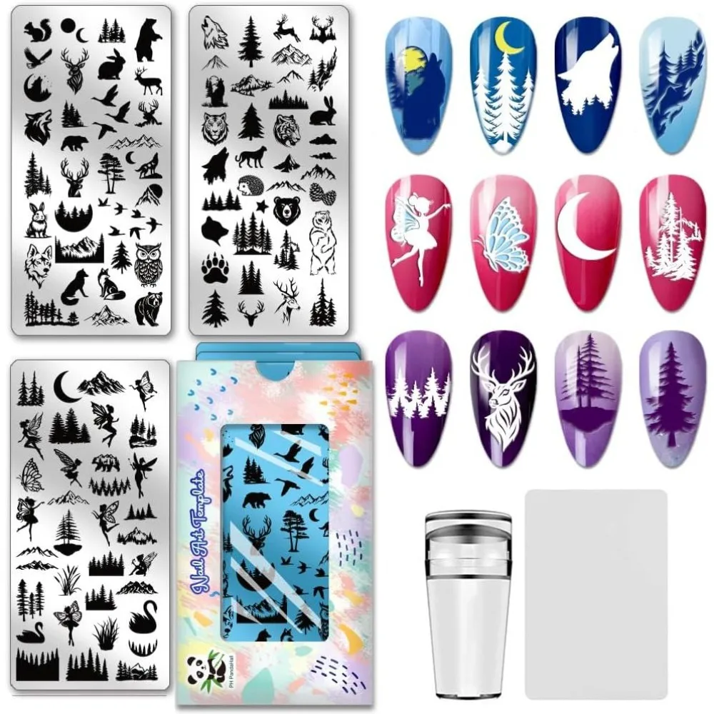 3pcs Wild Animals Nail Stamping Plates Forest Mountain Nail Art Templates Wolves Bears Deer Nails Art Stencils Landscapes