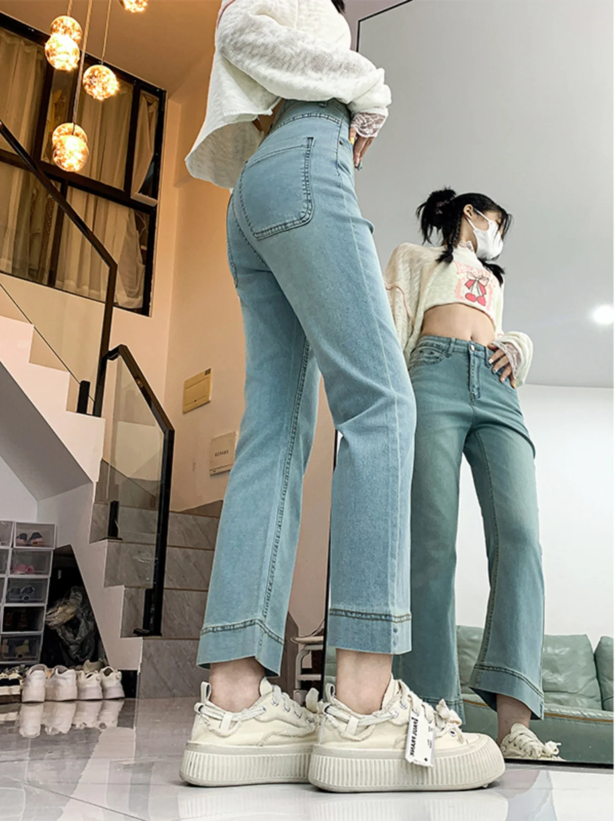 Jeans in denim a vita alta con campana Bot Pantaloni larghi a gamba dritta slim a nove punte elasticizzati da donna Autunno New Sle plus Size