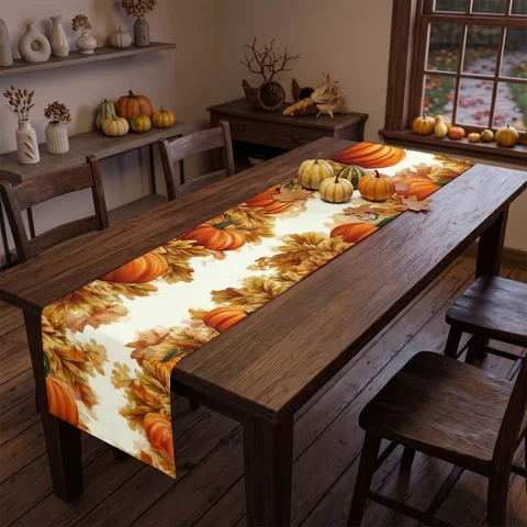 1pc Thanksgiving Table Runner, 2D Flat Printed Pumpkin Leaves, Vintage Halloween Style Table Decor for Home Party Dining Table