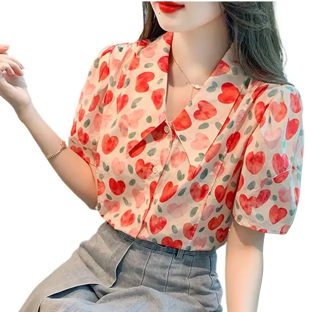 Camisa azul con mangas abullonadas vintage de talla grande para mujer, blusas elegantes de algodón 100% para verano, ropa de calle para oficina, Tops con estampado de corazón rojo para mujer