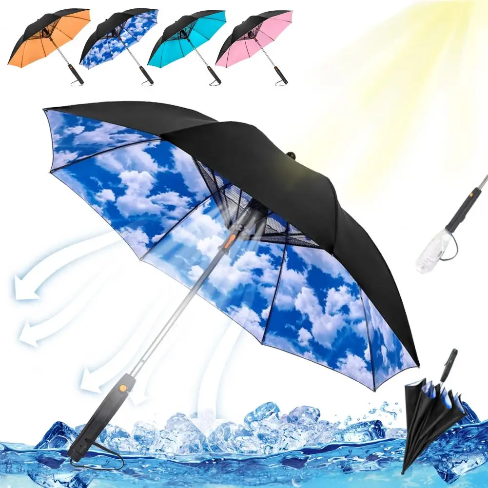 

3-In-1 Sun Protection Umbrella with Fan Water Spray Mister Cooling Fan UV Blocking Umbrella Fishing Patio Sun Rain Umbrella