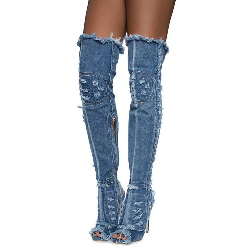 

Sexy Sewed Patch Frazzle Peep Toe Denim Boots Thin High Heel Blue Jeans Slingbacks Thigh Boots Women's Cowboy Over Knee Boots