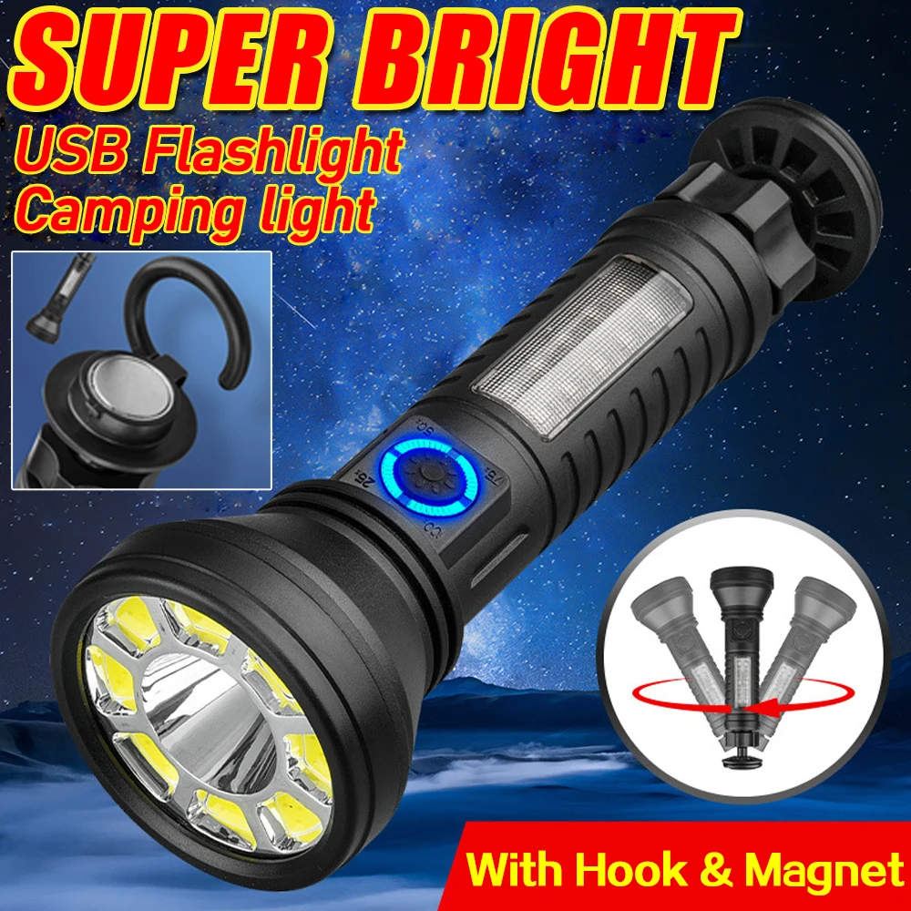 

LED+COB Flashlight USB Rechargeable Searchlight Portable Hook Camping Torch Outdoor Spotlight Magnetic Red Blue Work Lantern