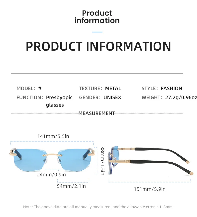CRIXALIS Anti-Blaulicht-Lesesonnenbrille für Damen, modisch, rechteckig, rahmenlos, presbyopische Brille, Herren, optische Brillen, UV400 – Detail 10