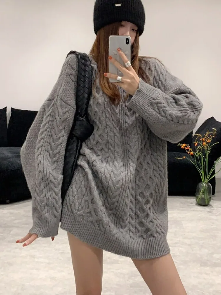 Maglione lavorato a maglia oversize allentato Felpa con cappuccio di media lunghezza da donna ey Autunno Inverno New Sle Coreano Sle Thiened Casual Faion