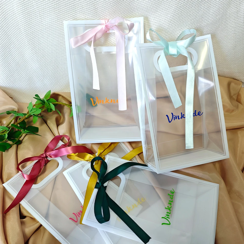 

20Pcs/Lot Custom Transparent PP Plastic Tote Bag With Bow Ribbon Plastic Shopping Waterproof PVC Hand Gift Bag for Dust Packing
