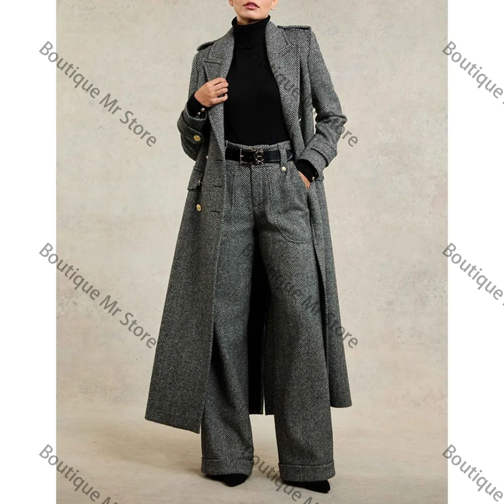 Popular Fall and Winter High Quality Herringbone Women Suits 2 Piece Peak Lapel Female Daliy Pants Sets Blazer with Pants