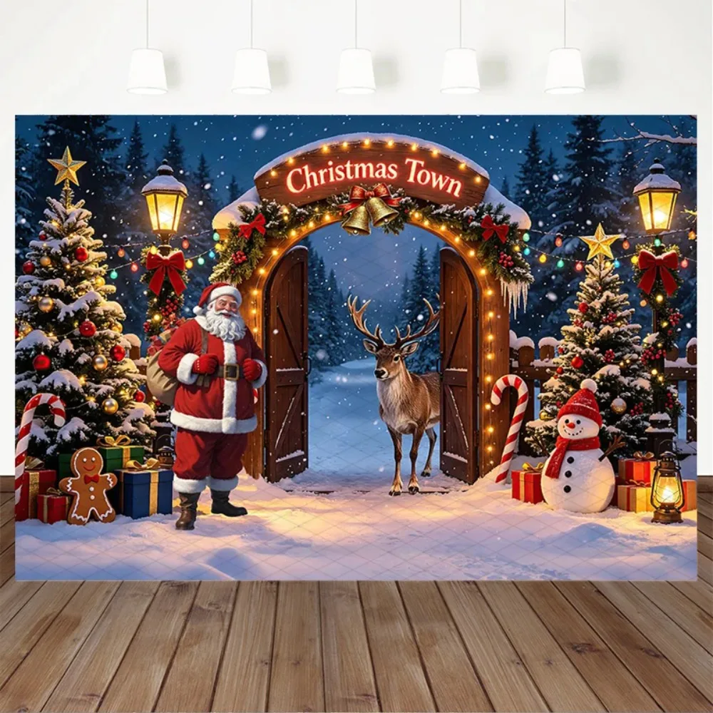 Santa Claus Reindeer Snow Gift Box Theme Banner Decoration Backdrop, Birthday Party, Home Decoration Photography Backdrop Cloth