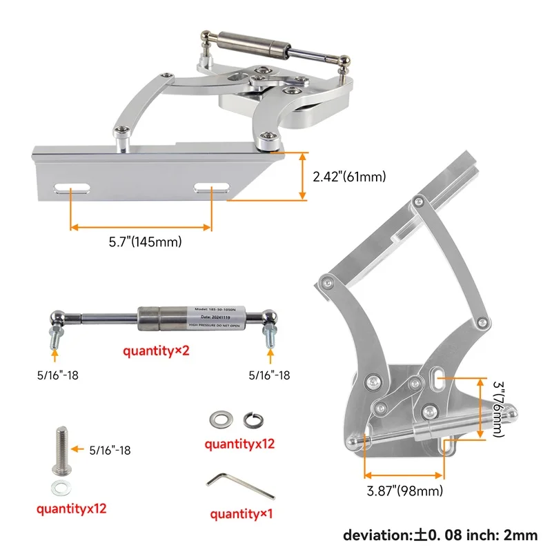 Left and Right Side Billet Hood Hinge Kit Pair For Ford Mustang 1967-1969 Silver CNC Aluminum 3.3L 4.1L 4.7L 5.0L 5.8L 6.4L 7.0L