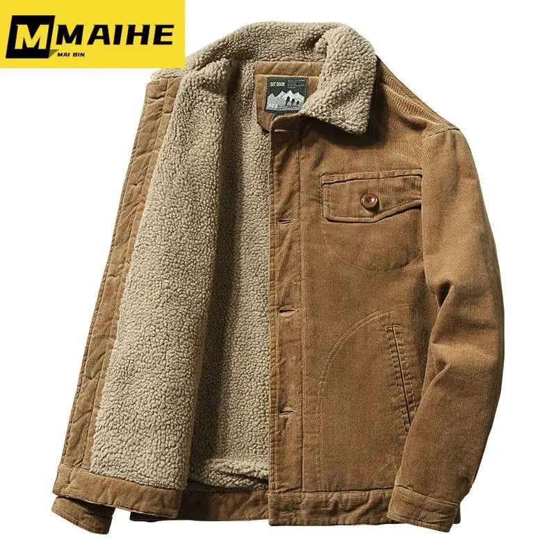 Men's Winter Plus Velvet Jacket Corduroy Tooling Casual Parka Korean Fashion Solid Color Cotton Jacket Men