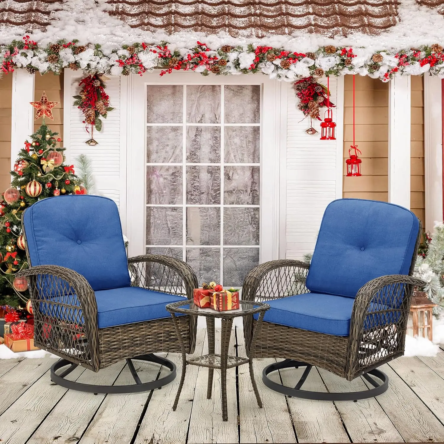 Mellcom 3 Pieces Patio Furniture Set, Outdoor Swivel Rocker Patio Chairs, Wicker Patio Bistro Set With Rocking Chair, Thickened