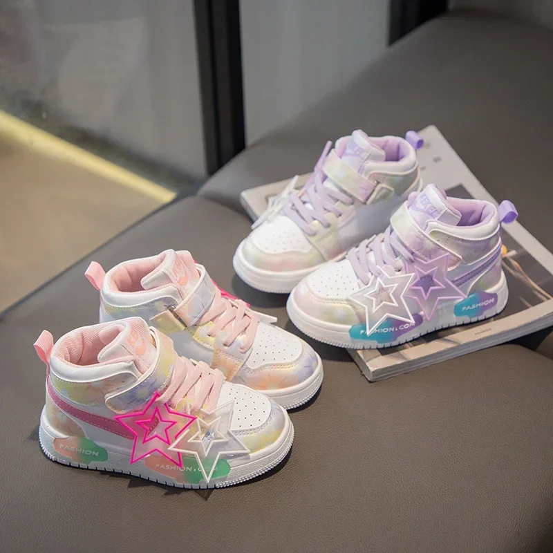 Fashionable High-top Sneakers for Children Girls Princess Casual Shoes Color-block Running Shoes for Students Kid Outdoor Hiking