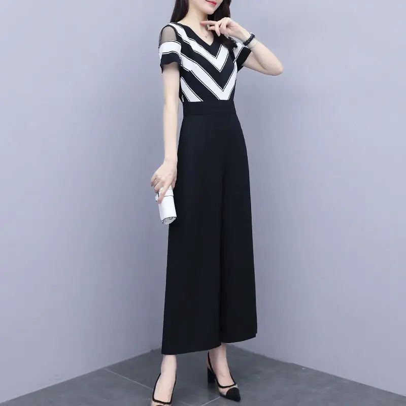 Women's 2024 Summer New Fashion Commuter Stripe Spliced Gauze High Waist Solid Color Pocket Thin One Piece Wide Leg Pants Suit