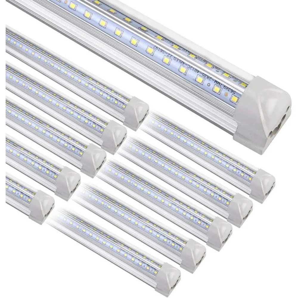10パック 8フィート ホワイト LED T8 ショップライト、72W 9500ルーメン、6500K デイライト、高出力クリアカバー、V字型270度ビーム