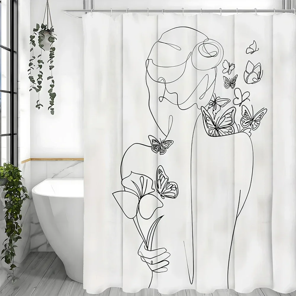 

Abstract Ladies Minimalist Mid-Century Floral Butterfly Modern Art Shower Curtain, Bathroom Decorative Shower Curtain, Waterproo