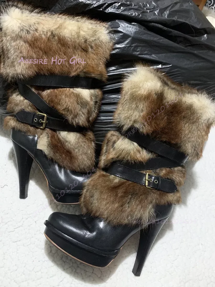 Gray Brown Feather Plush Low Heel Platform Boots Fringe Women Round Toe Black Leather Belt Buckle Zipper Stiletto Shoes Casual